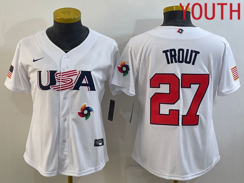 Youth 2023 World Cub USA #27 Trout White MLB Jersey9